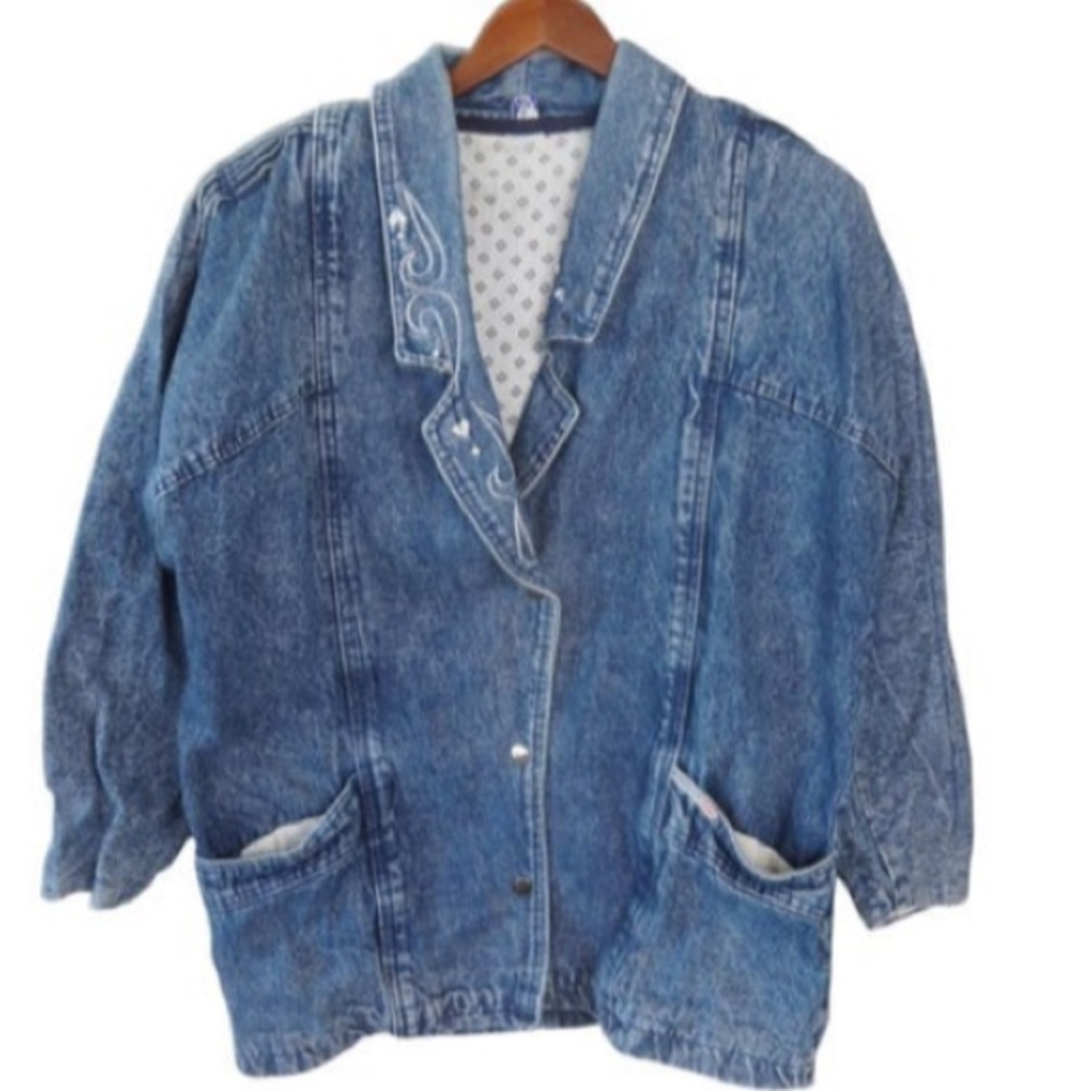 VINTAGE 80’s 90’s Y2K Acid Wash Embroidered Denim Jacket Padded Shoulders Size M